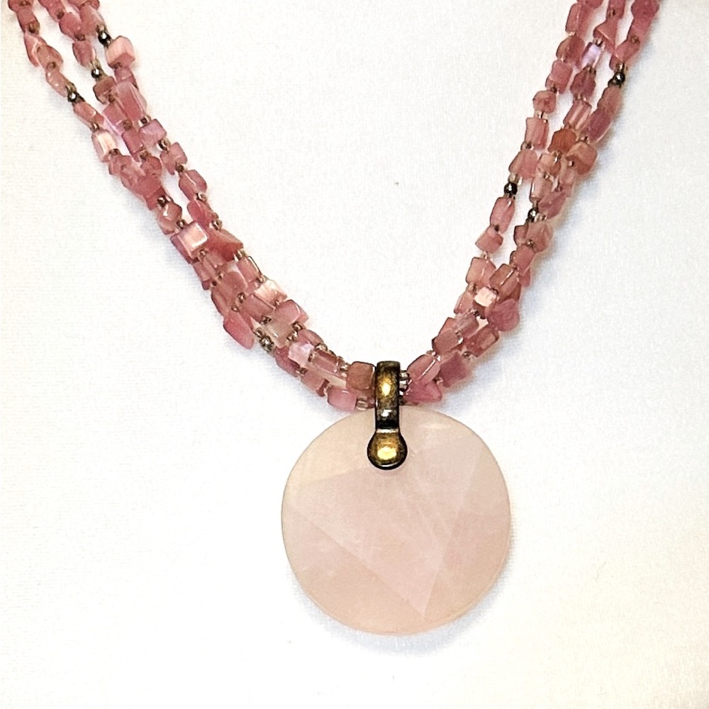 Catalina Necklace Genuine Pink Quartz Strand 3 Beaded Pendant